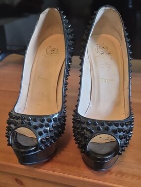 Christian Louboutin Black Spiked Patent Peep-Toe Pumps